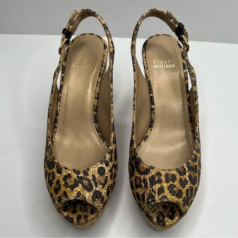 Stuart Weitzman Leopard Print Slingback Cork Wedge Size 7 - Picture 3 of 13